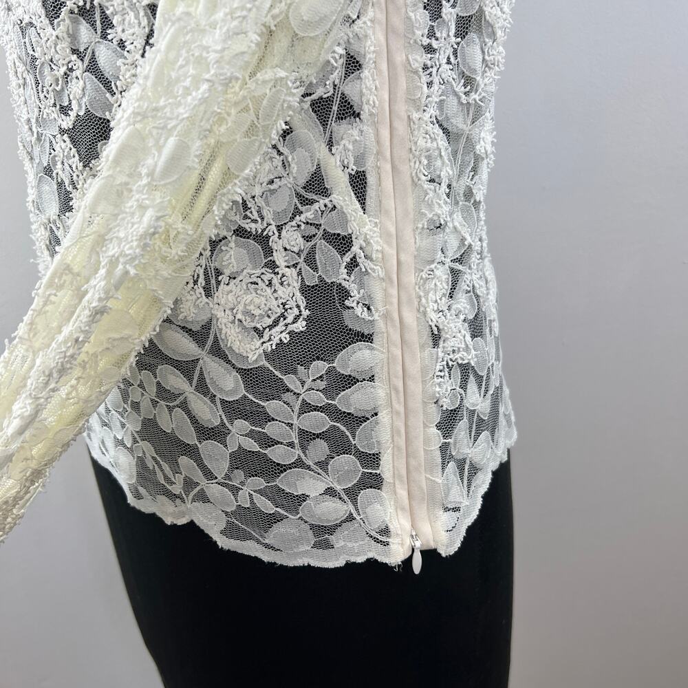 WORTH NY White Floral Lace Sheer Long Sleeve Blouse Button Cuffs Side Zip 2 XS - Picture 5 of 10